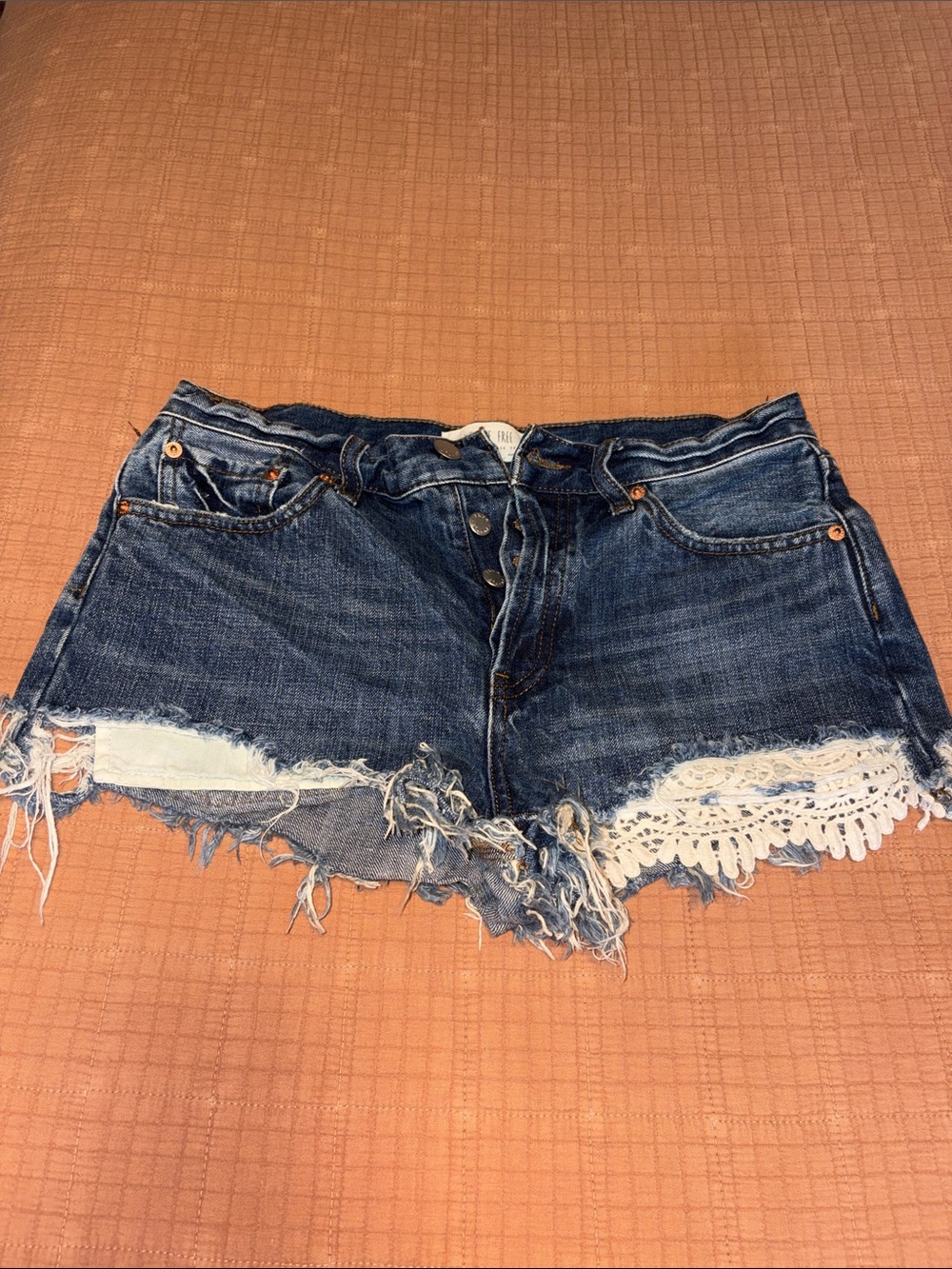 Free People Blue Distressed Denim Shorts with White Lace size 28